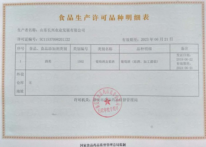 我公司红酒果酒全系产品获食品生产许可证
